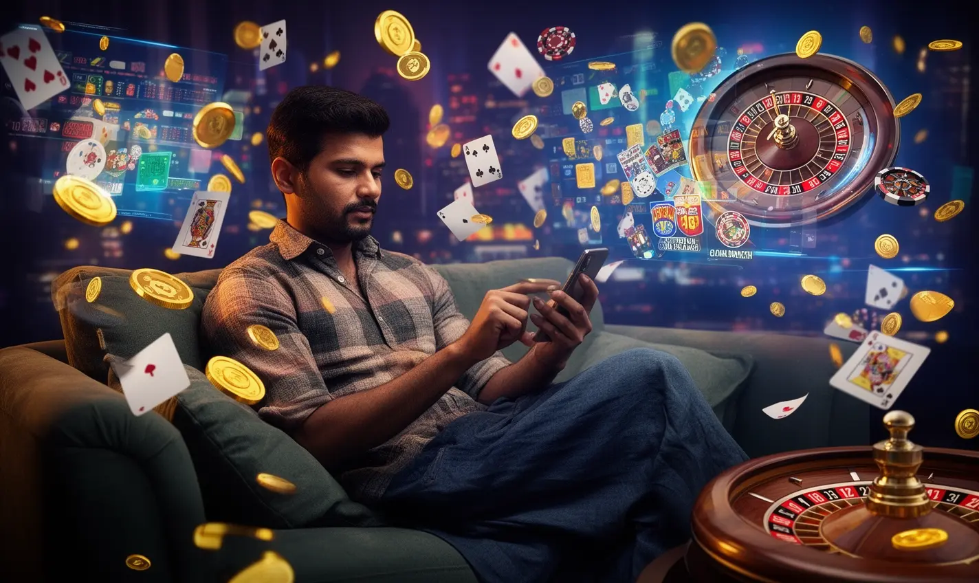 Confident Bangladeshi player using the 92BD casino app on his phone surrounded by glowing roulette wheels playing cards and golden coins