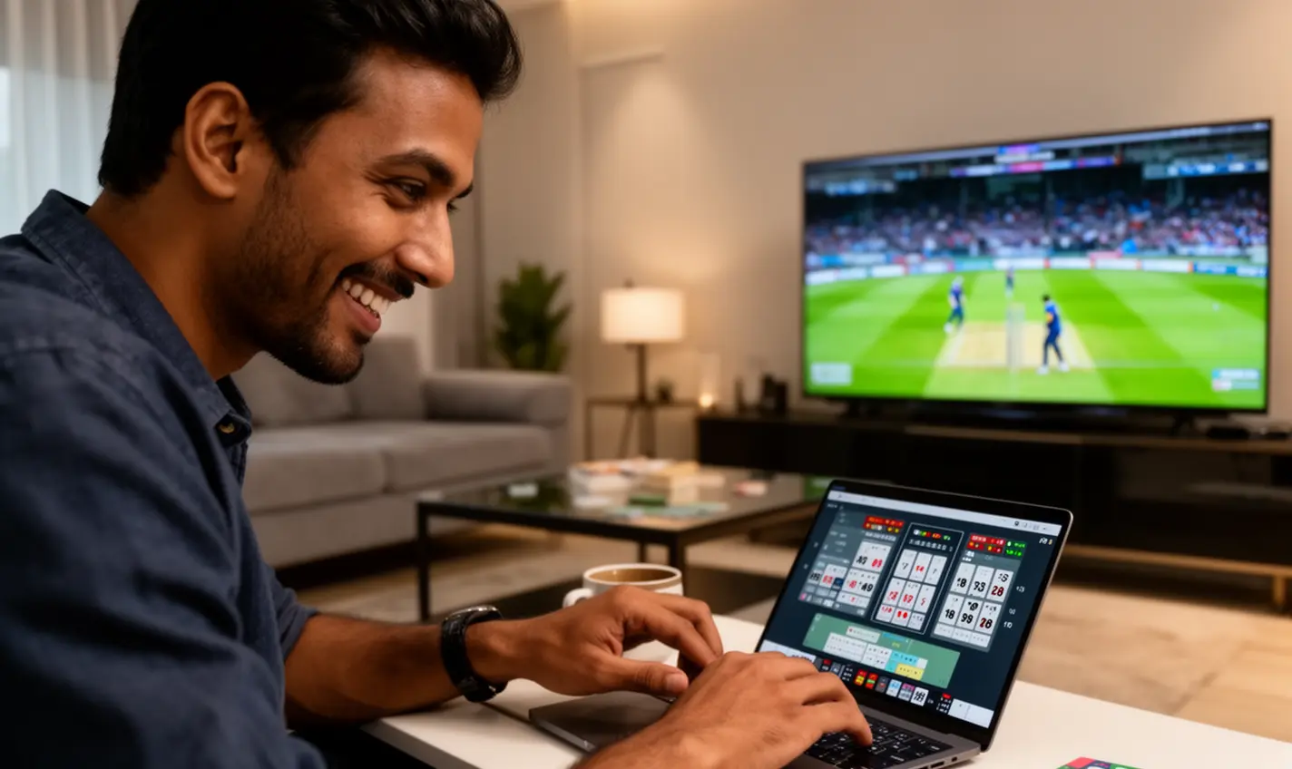 Confident Bangladeshi sports bettor analyzing live cricket odds on a laptop with stadium visuals behind using 92BD betting platform