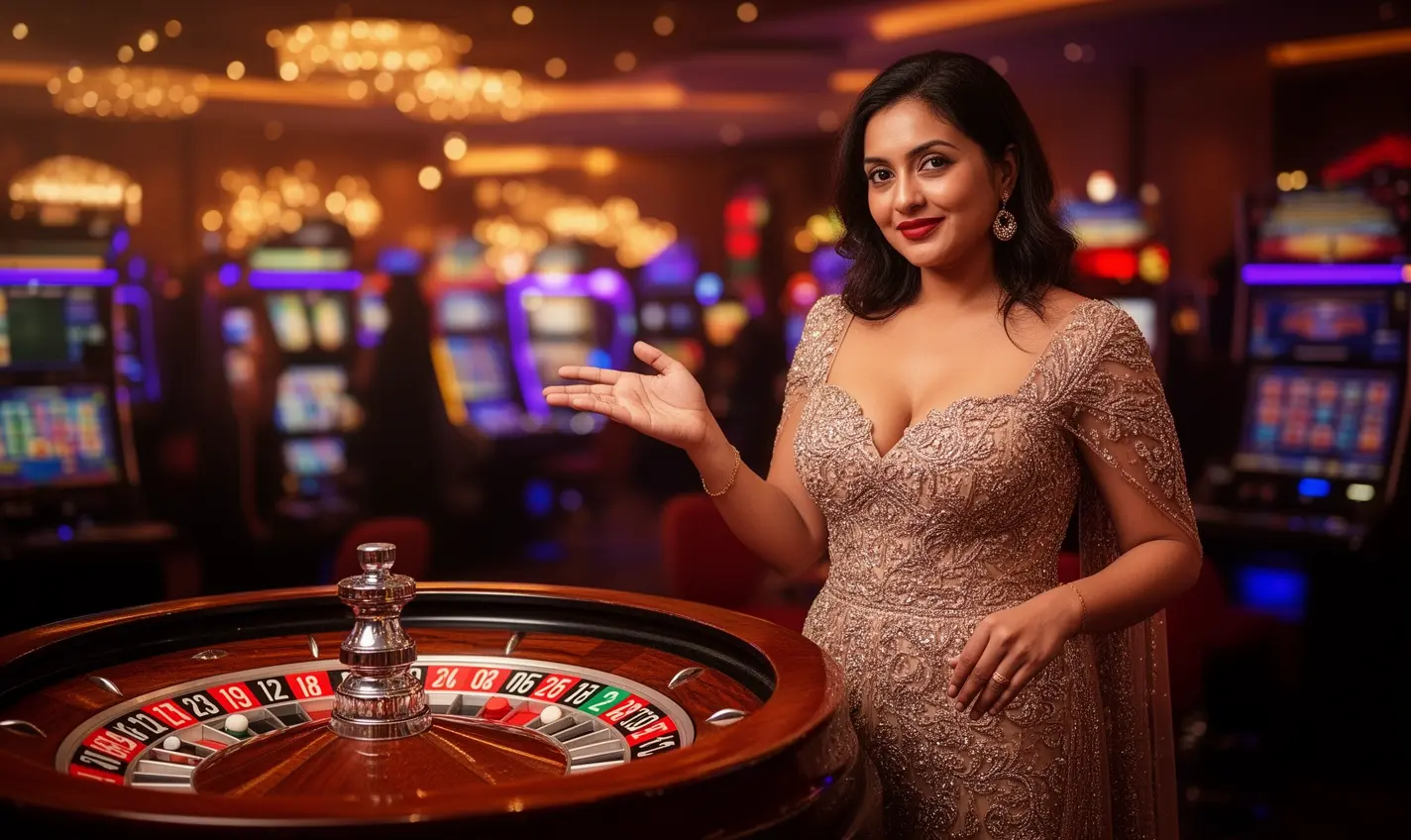 Elegant casino hostess in a luxurious red dress presenting a roulette table in a high class gaming environment at 92BD for Bangladesh