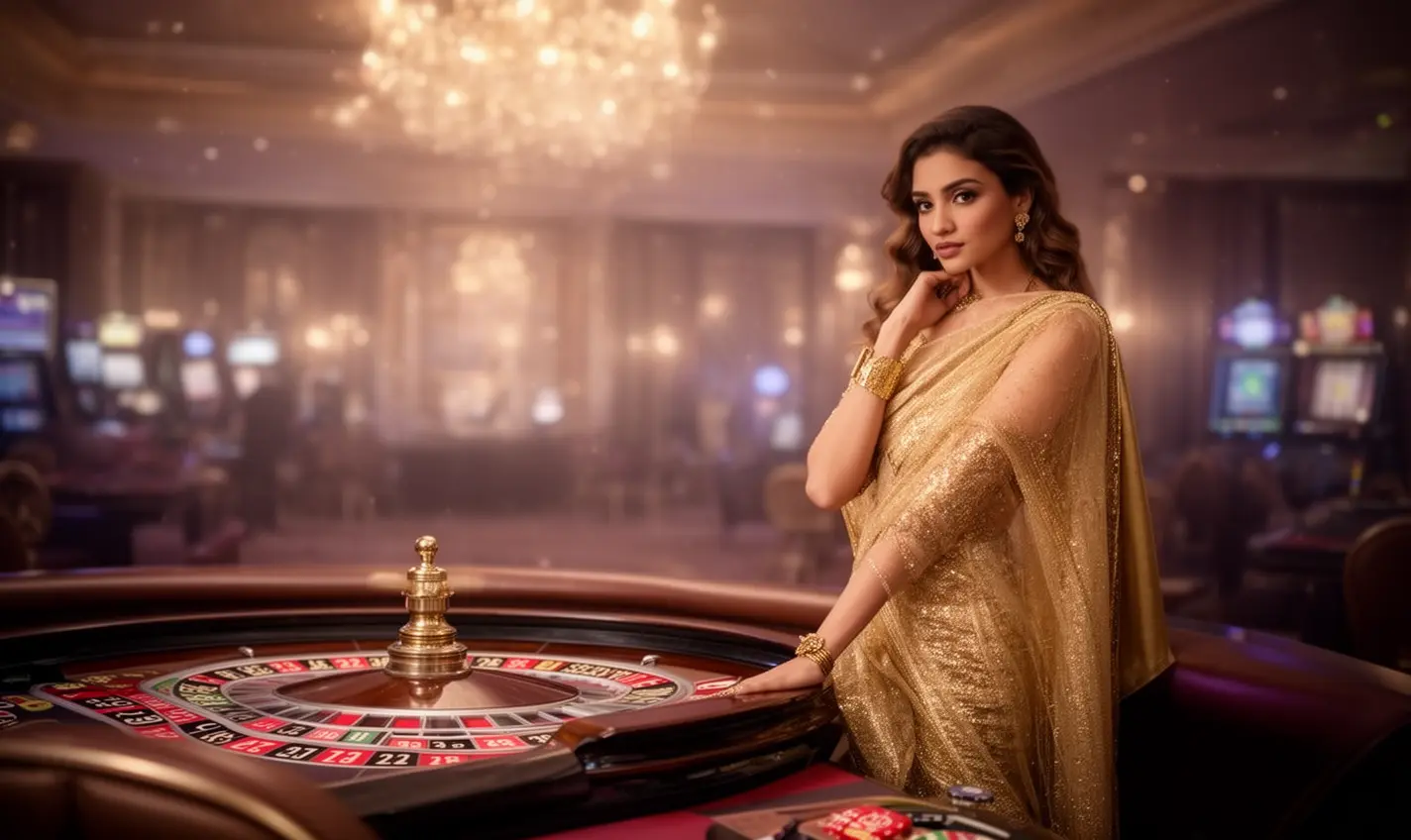 Elegant woman in a gold evening dress standing by a roulette table in a luxury casino atmosphere showcasing the premium gaming experience at 92BD for players in Bangladesh