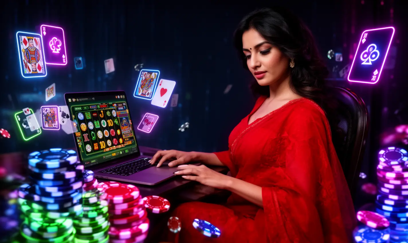 Stylish female player enjoying advanced online casino games on a laptop with glowing chips at 92BD casino platform in Bangladesh
