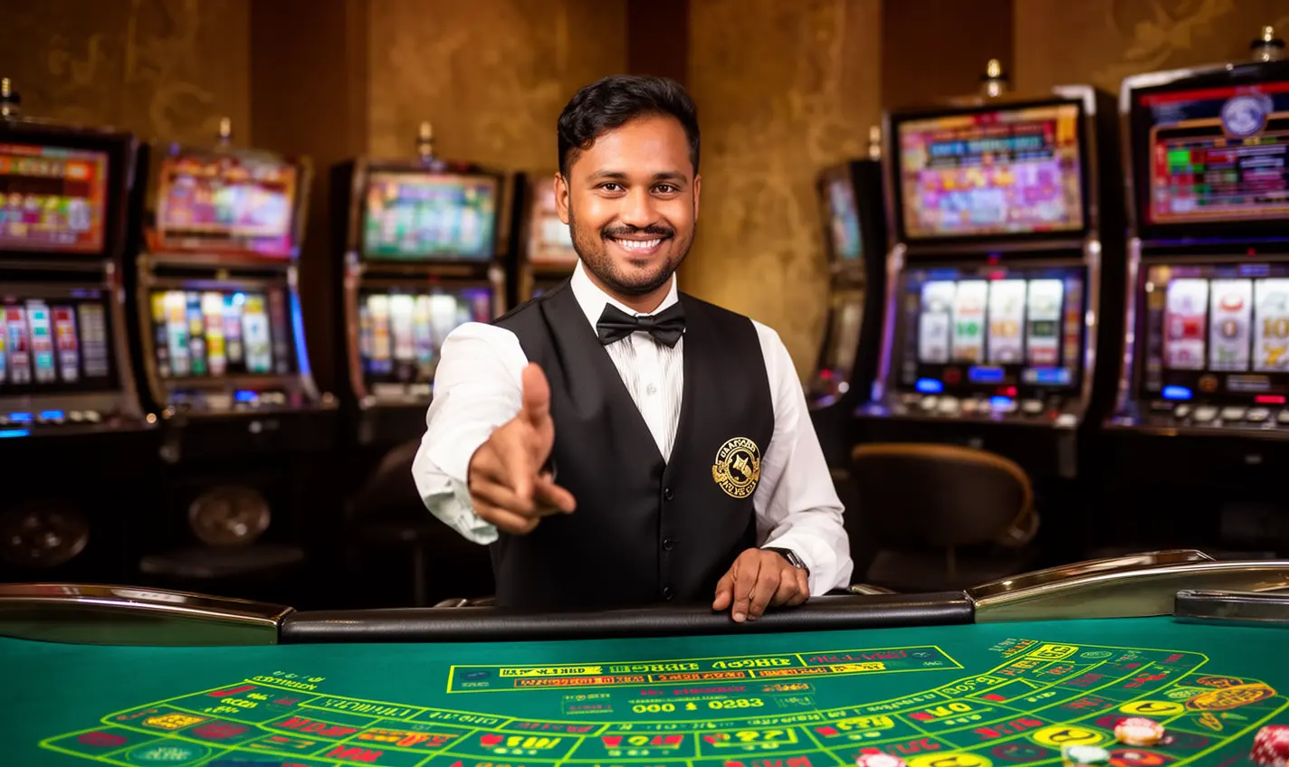 Smiling Bangladeshi casino dealer pointing forward at a roulette table symbolizing trusted access and exciting gameplay on 92BD