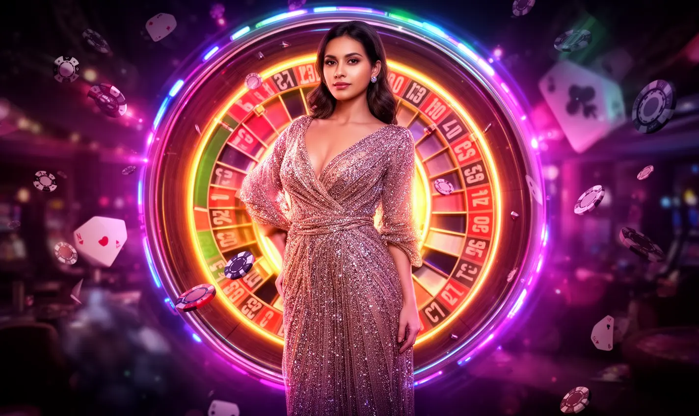 A glamorous casino hostess in a sparkling evening dress standing before a glowing roulette wheel with flying chips reflecting the luxury gaming atmosphere of 92BD Casino in Bangladesh