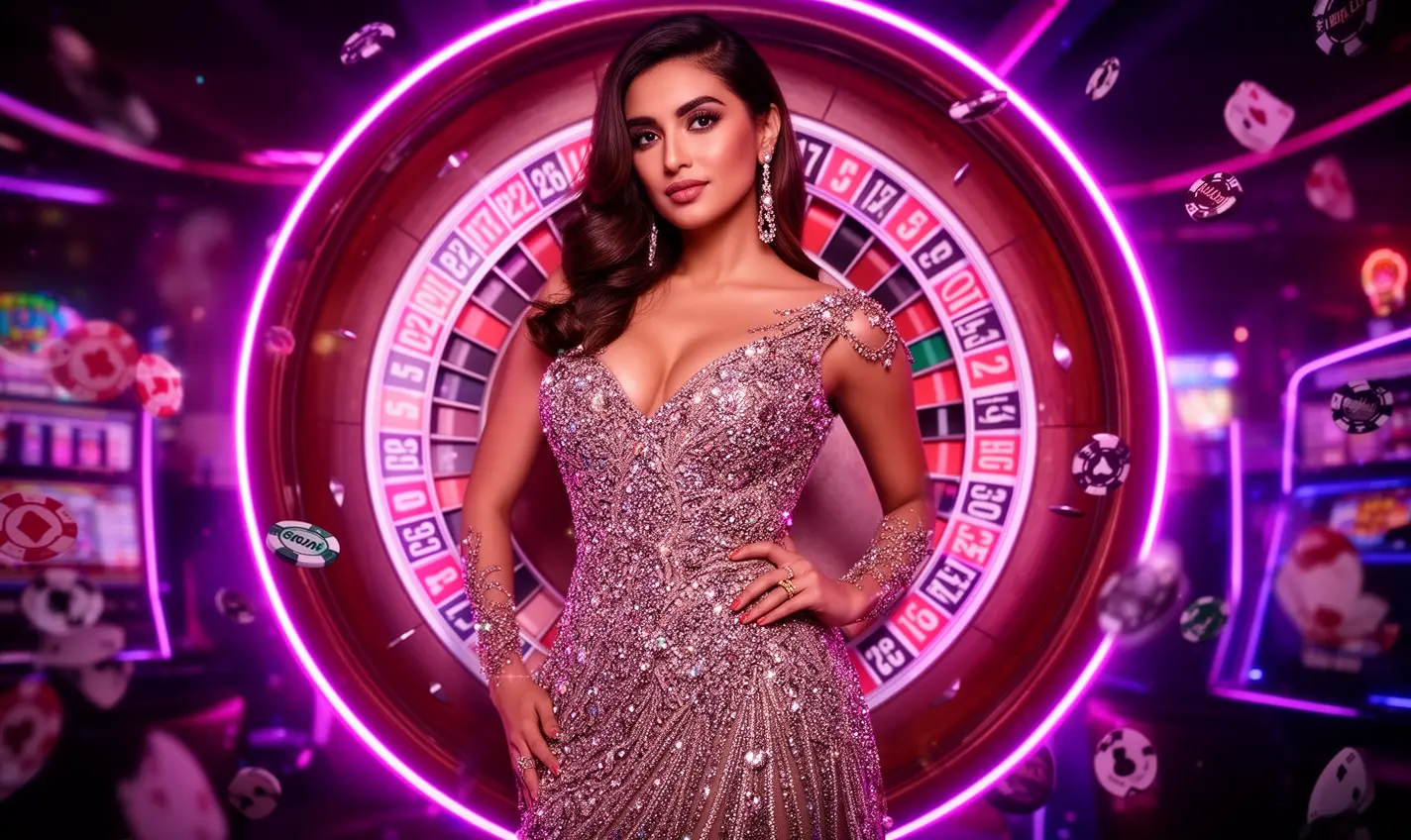 Stylish casino woman posing before a radiant roulette wheel with scattered chips highlighting the luxury atmosphere of 92BD online casino for Bangladesh players