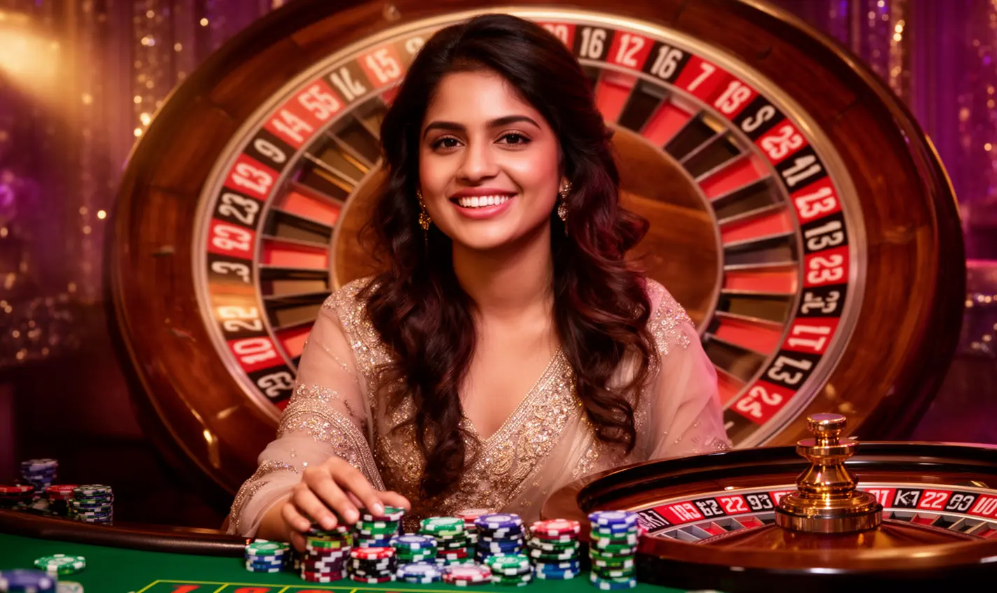 Elegant casino scene with a smiling woman surrounded by roulette lights and casino chips showcasing the premium gaming atmosphere of 92BD in Bangladesh