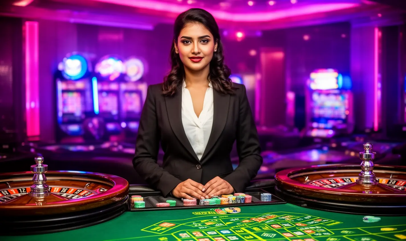 Stylish casino hostess standing at a modern gaming table with vibrant lights symbolizing high quality live casino entertainment at 92BD for Bangladesh