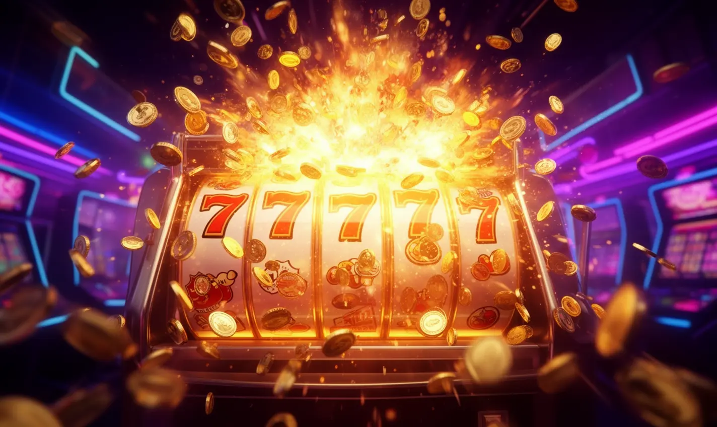 A classic slot machine showing triple sevens with golden coins raining down creating a jackpot atmosphere powered by 92BD for players in Bangladesh
